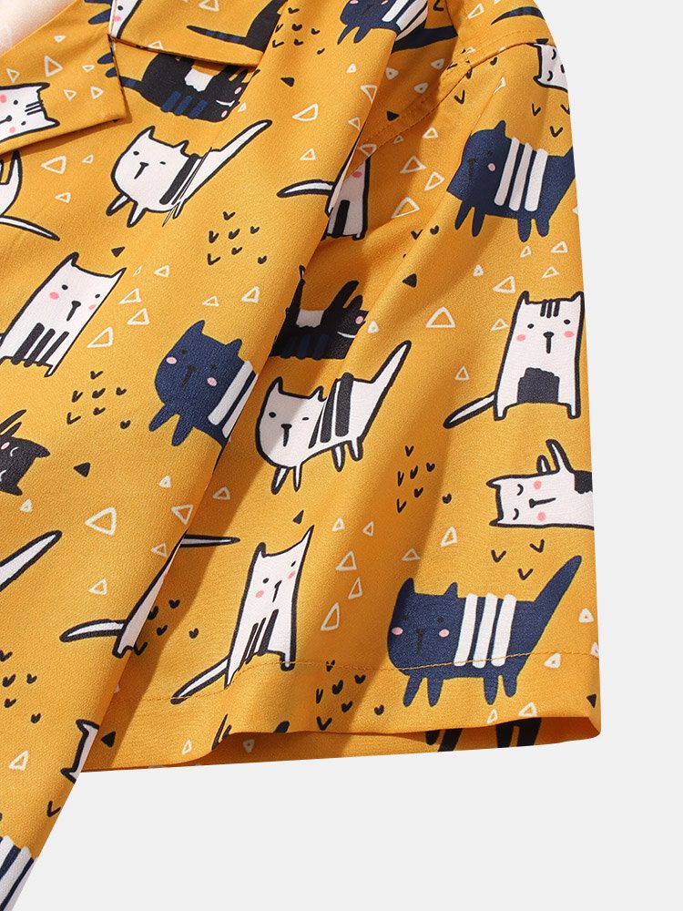 Camisa De Manga Corta Con Cuello Reverente Y Estampado De Gato De Dibujos Animados Para Hombre