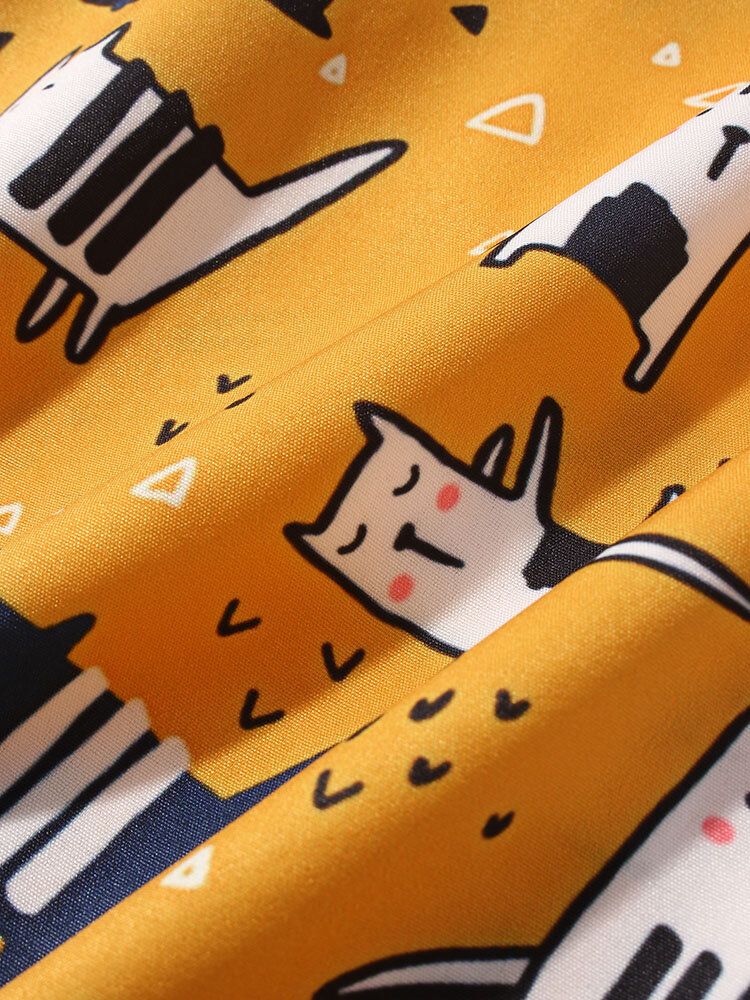 Camisa De Manga Corta Con Cuello Reverente Y Estampado De Gato De Dibujos Animados Para Hombre