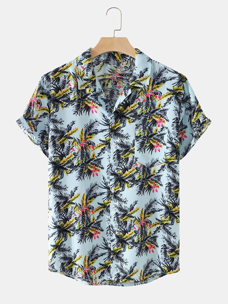 Camisa De Manga Corta Con Cuello Reverente Y Estampado De Hojas De Algodón Para Hombre