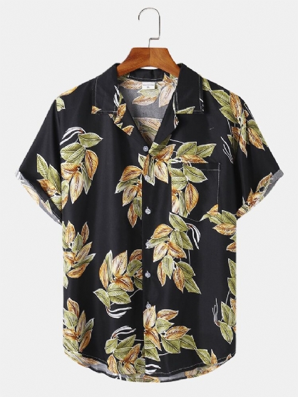 Camisa De Manga Corta Con Cuello Reverente Y Estampado De Hojas De Algodón Para Hombre