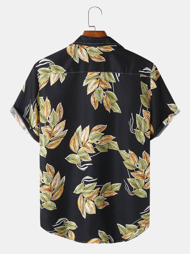 Camisa De Manga Corta Con Cuello Reverente Y Estampado De Hojas De Algodón Para Hombre