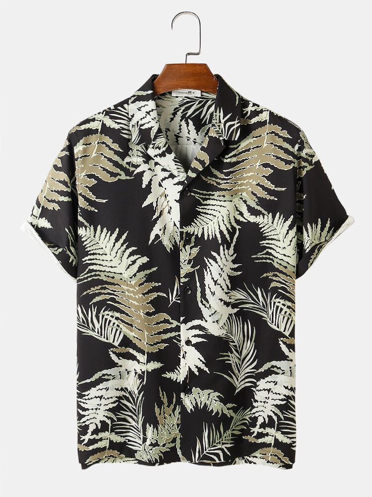 Camisa De Manga Corta Con Cuello Reverente Y Estampado De Hojas Para Hombre