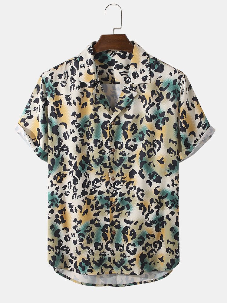 Camisa De Manga Corta Con Cuello Reverente Y Estampado De Leopardo Para Hombre