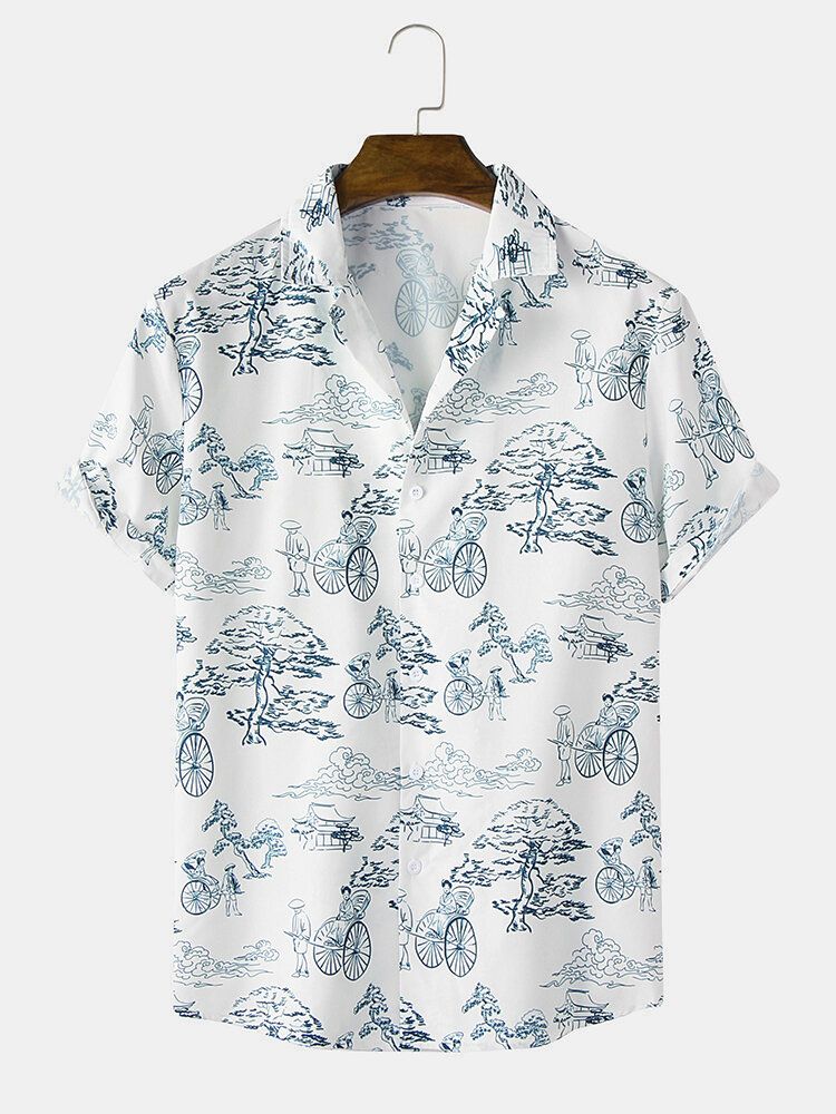 Camisa De Manga Corta Con Cuello Reverente Y Estampado De Paisaje De Estilo Étnico Para Hombre