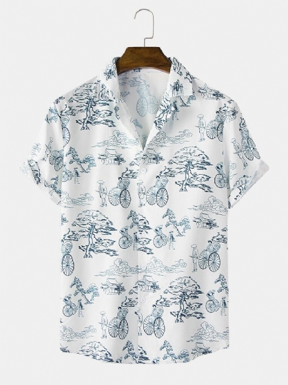 Camisa De Manga Corta Con Cuello Reverente Y Estampado De Paisaje De Estilo Étnico Para Hombre