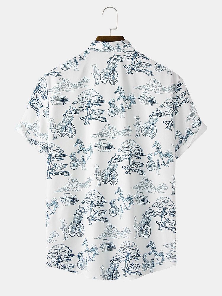 Camisa De Manga Corta Con Cuello Reverente Y Estampado De Paisaje De Estilo Étnico Para Hombre