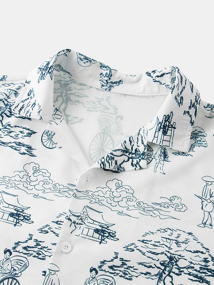 Camisa De Manga Corta Con Cuello Reverente Y Estampado De Paisaje De Estilo Étnico Para Hombre