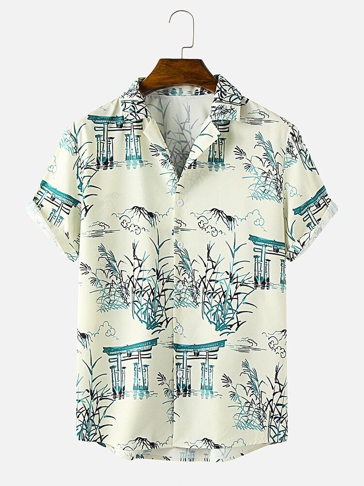 Camisa De Manga Corta Con Cuello Reverente Y Estampado De Paisaje De Estilo Étnico Para Hombre