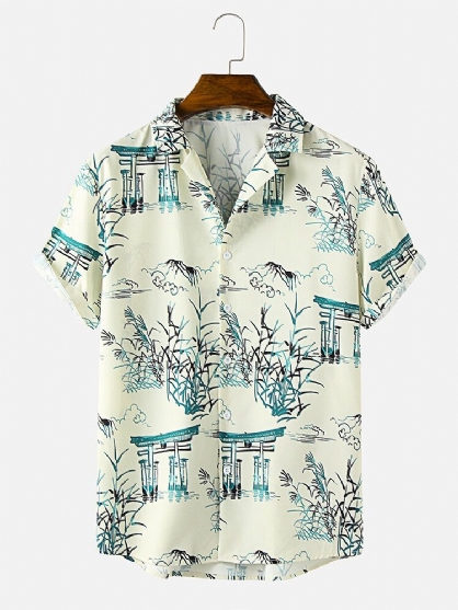 Camisa De Manga Corta Con Cuello Reverente Y Estampado De Paisaje De Estilo Étnico Para Hombre