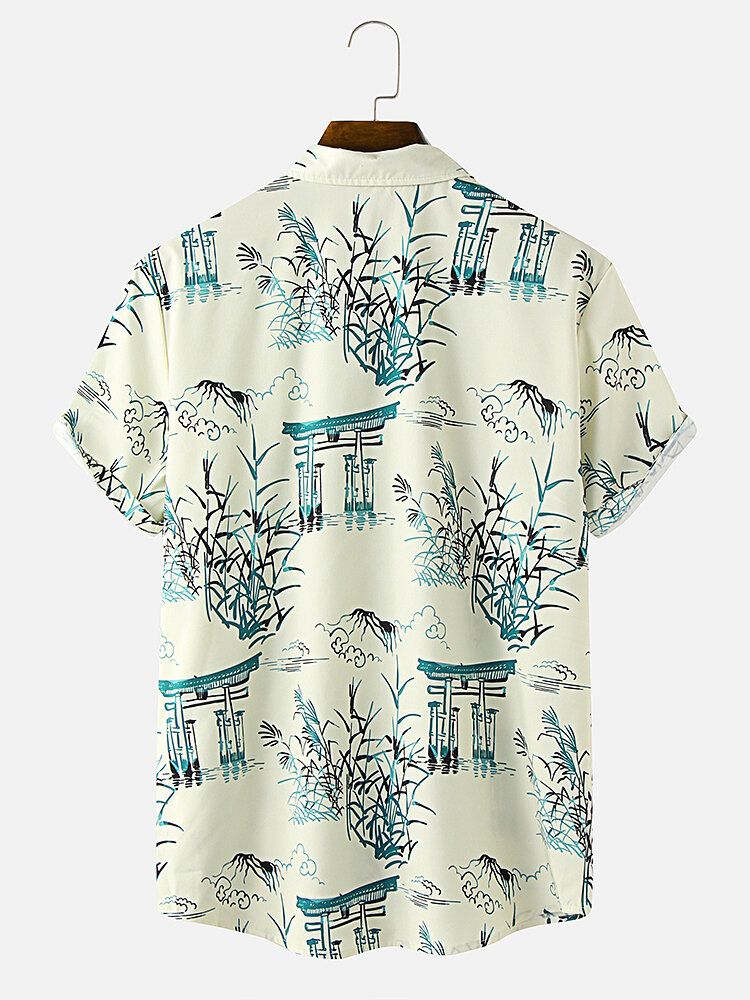 Camisa De Manga Corta Con Cuello Reverente Y Estampado De Paisaje De Estilo Étnico Para Hombre