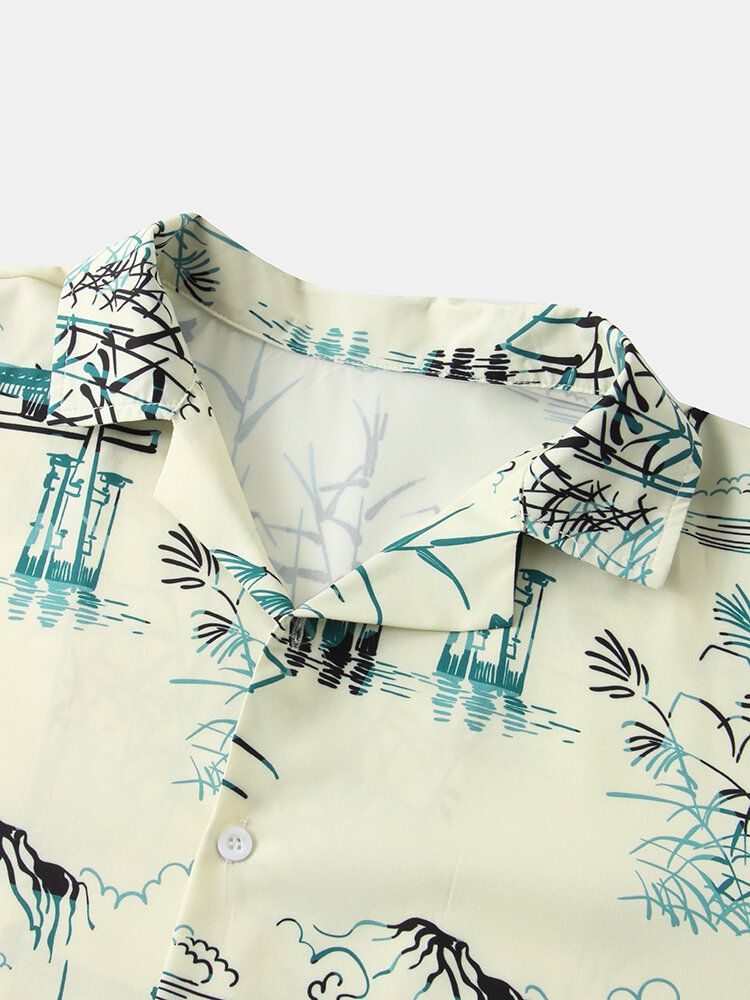 Camisa De Manga Corta Con Cuello Reverente Y Estampado De Paisaje De Estilo Étnico Para Hombre