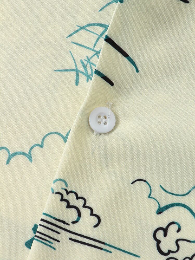 Camisa De Manga Corta Con Cuello Reverente Y Estampado De Paisaje De Estilo Étnico Para Hombre