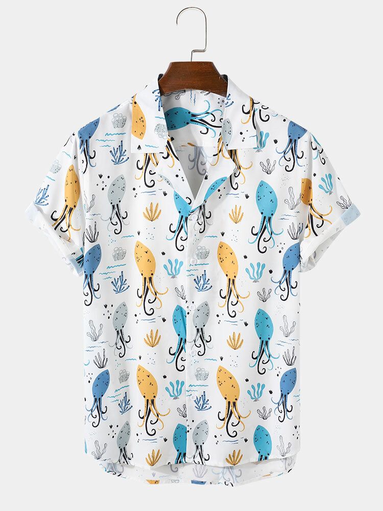 Camisa De Manga Corta Con Cuello Reverente Y Estampado De Pulpo De Dibujos Animados Para Hombre