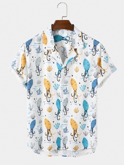 Camisa De Manga Corta Con Cuello Reverente Y Estampado De Pulpo De Dibujos Animados Para Hombre