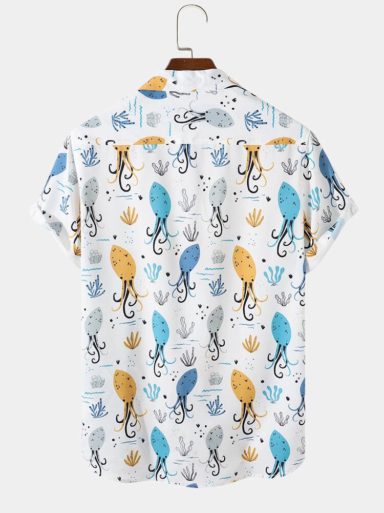 Camisa De Manga Corta Con Cuello Reverente Y Estampado De Pulpo De Dibujos Animados Para Hombre