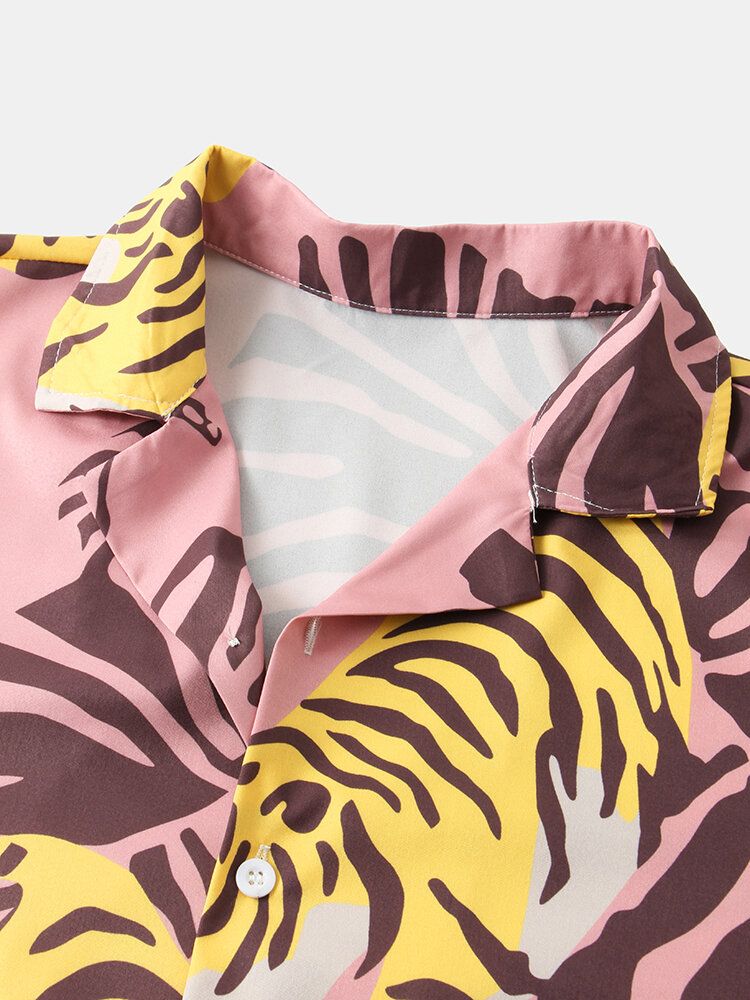 Camisa De Manga Corta Con Cuello Reverente Y Estampado De Tigre Para Hombre