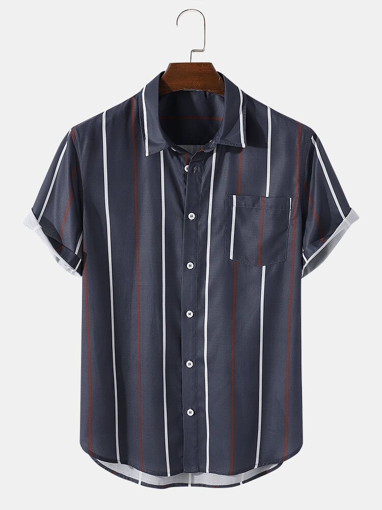 Camisa De Manga Corta Con Dobladillo Curvo A Rayas Para Hombre Con Bolsillo