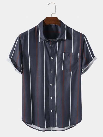 Camisa De Manga Corta Con Dobladillo Curvo A Rayas Para Hombre Con Bolsillo