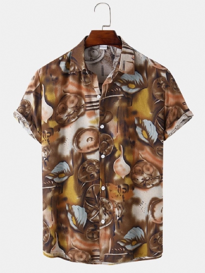 Camisa De Manga Corta Con Estampado Foral Vintage De Solapa Para Hombre