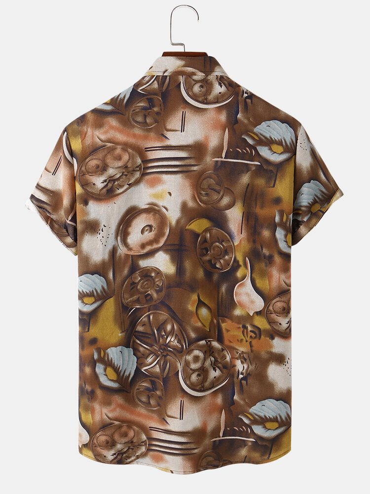 Camisa De Manga Corta Con Estampado Foral Vintage De Solapa Para Hombre