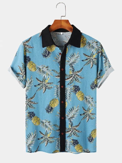 Camisa De Manga Corta Con Estampado De Fruta De Piña 3d De Bloque De Color De Algodón Para Hombre