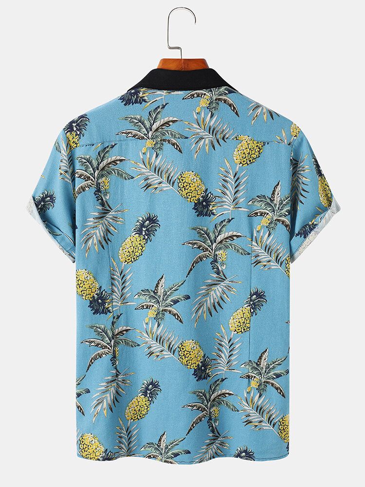 Camisa De Manga Corta Con Estampado De Fruta De Piña 3d De Bloque De Color De Algodón Para Hombre