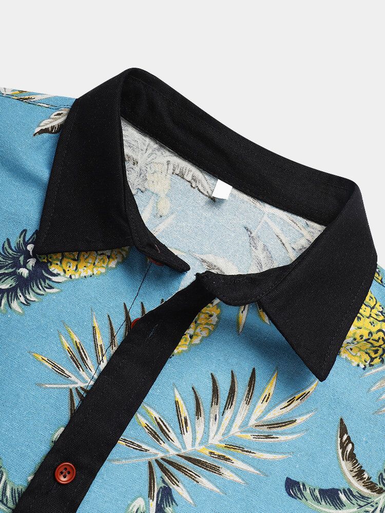 Camisa De Manga Corta Con Estampado De Fruta De Piña 3d De Bloque De Color De Algodón Para Hombre