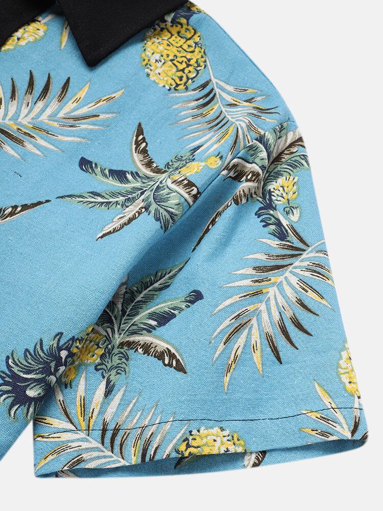 Camisa De Manga Corta Con Estampado De Fruta De Piña 3d De Bloque De Color De Algodón Para Hombre