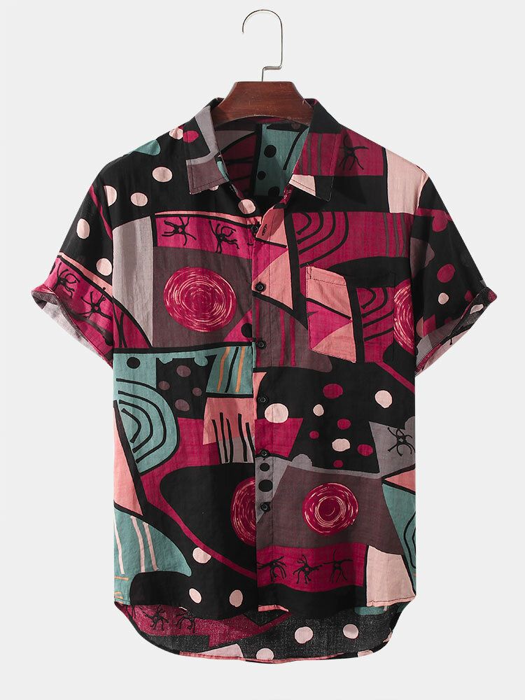 Camisa De Manga Corta Con Estampado Geométrico De Graffiti Para Hombre Con Bolsillo