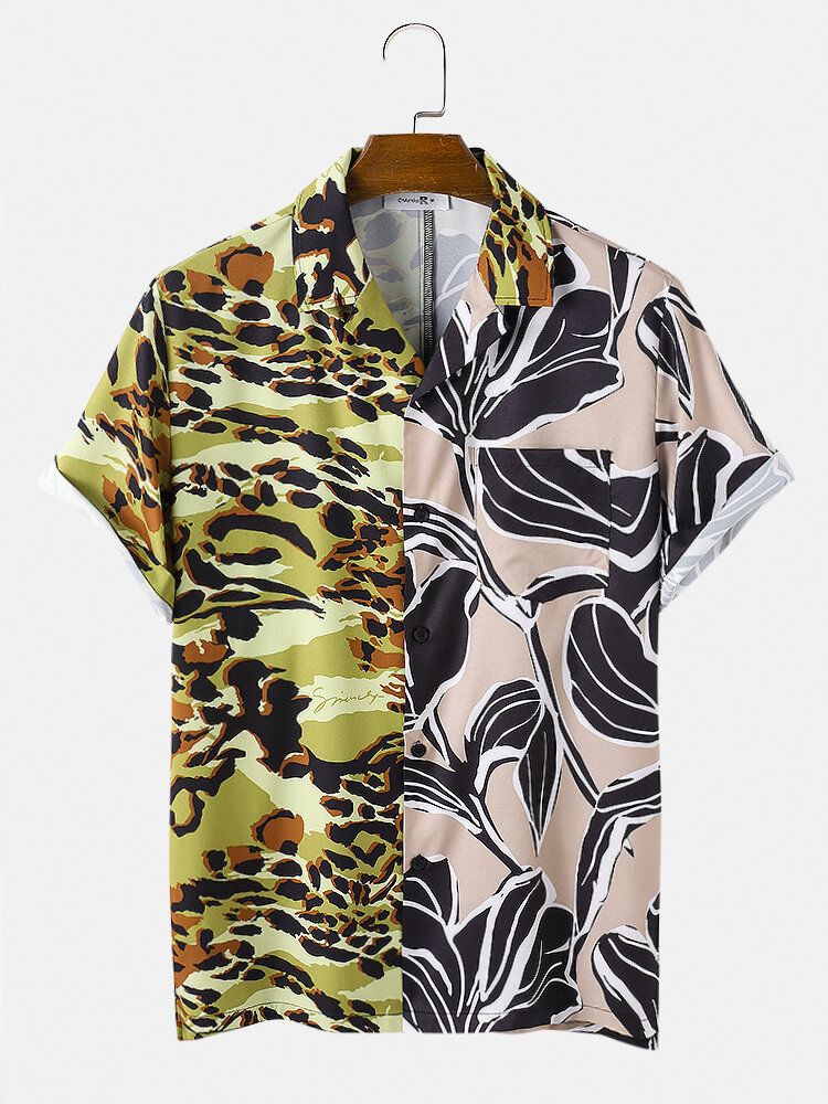 Camisa De Manga Corta Con Estampado De Tigre Y Estampado Vegetal De Patchwork Con Cuello Reverente Para Hombre