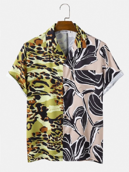 Camisa De Manga Corta Con Estampado De Tigre Y Estampado Vegetal De Patchwork Con Cuello Reverente Para Hombre