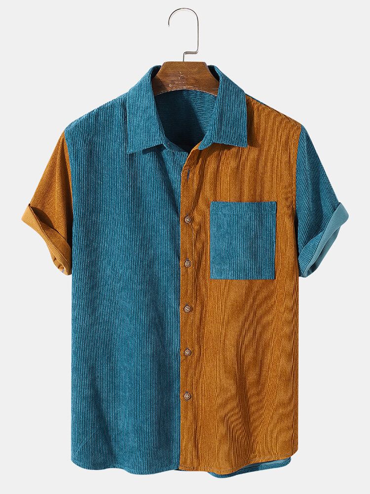 Camisa De Manga Corta Con Solapa De Bolsillo De Pana De Patchwork Para Hombre