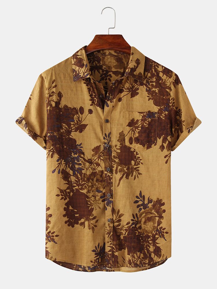 Camisa De Manga Corta Con Solapa Con Botones Y Estampado Floral Vintage Para Hombre