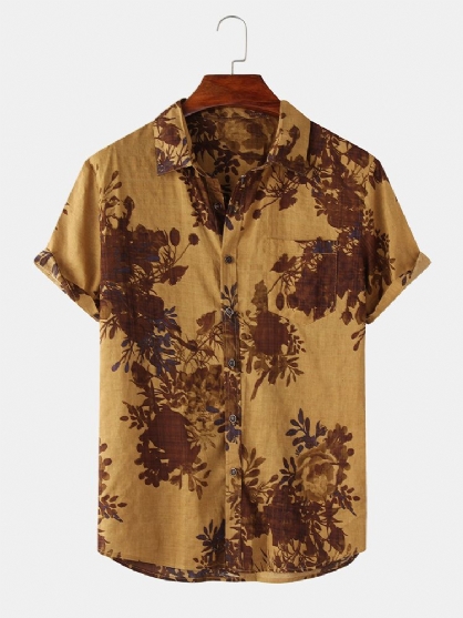 Camisa De Manga Corta Con Solapa Con Botones Y Estampado Floral Vintage Para Hombre