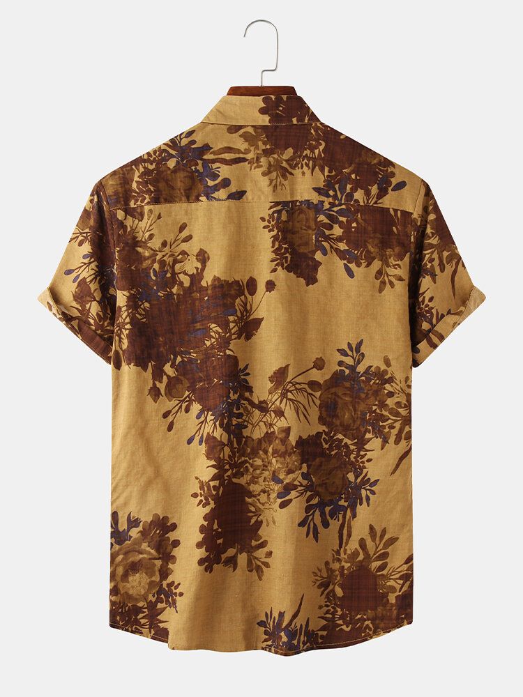 Camisa De Manga Corta Con Solapa Con Botones Y Estampado Floral Vintage Para Hombre