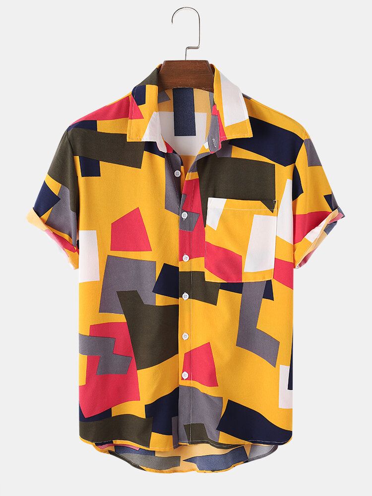 Camisa De Manga Corta Con Solapa En Contraste De Bloque De Color Para Hombre