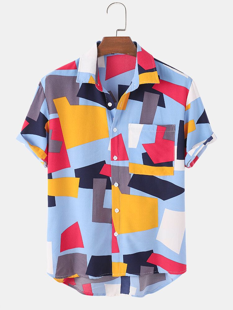 Camisa De Manga Corta Con Solapa En Contraste De Bloque De Color Para Hombre