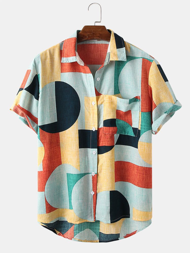 Camisa De Manga Corta Con Solapa En Contraste De Bloques De Color Para Hombre