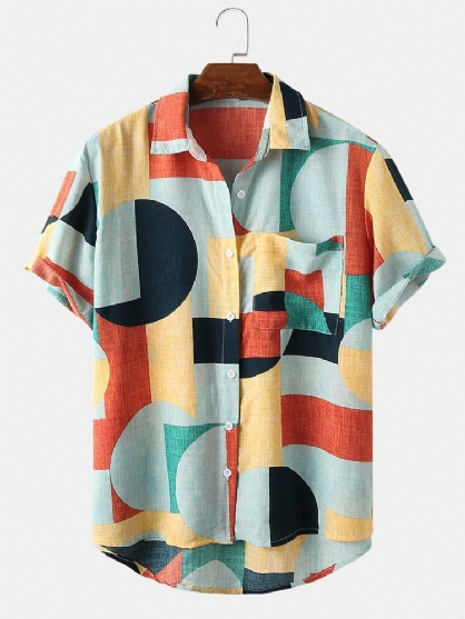 Camisa De Manga Corta Con Solapa En Contraste De Bloques De Color Para Hombre