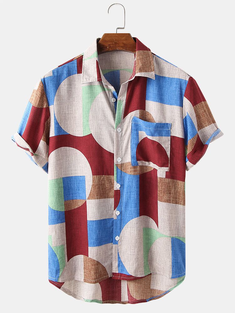 Camisa De Manga Corta Con Solapa En Contraste De Bloques De Color Para Hombre