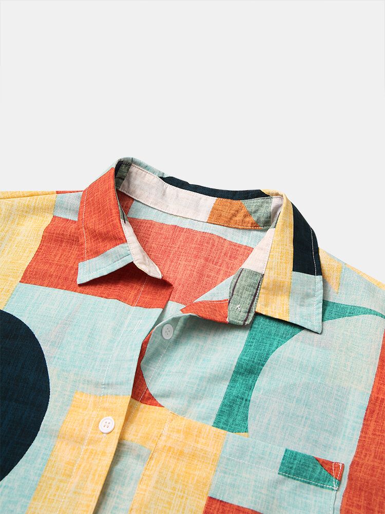 Camisa De Manga Corta Con Solapa En Contraste De Bloques De Color Para Hombre