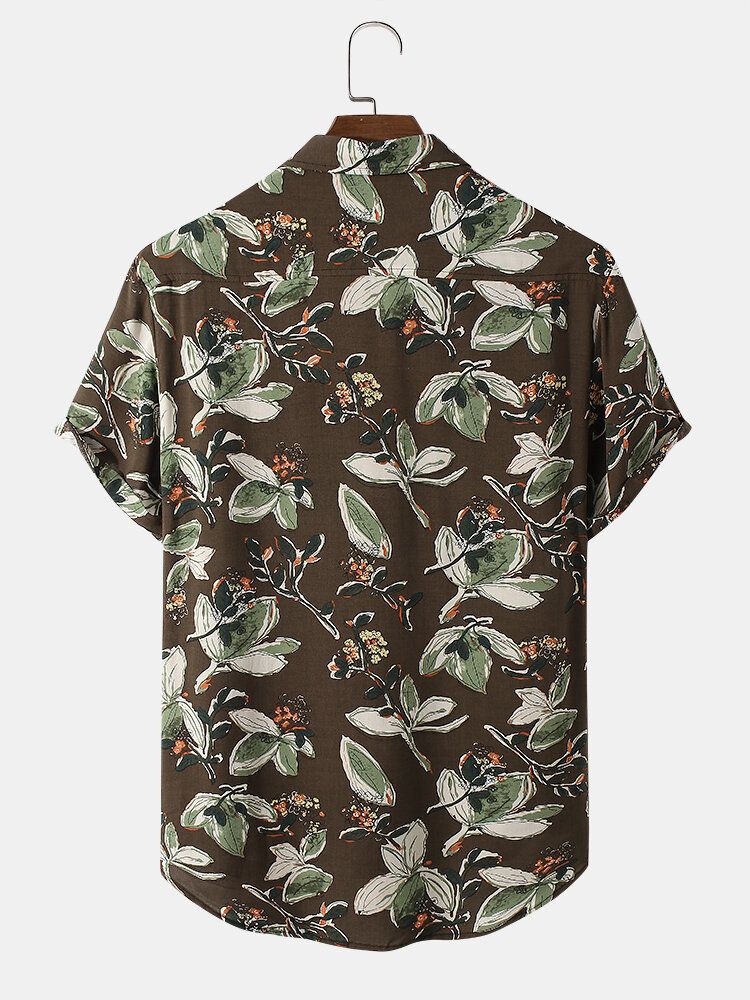 Camisa De Manga Corta Con Solapa Con Estampado De Flores Y Hojas De Plantas Para Hombre