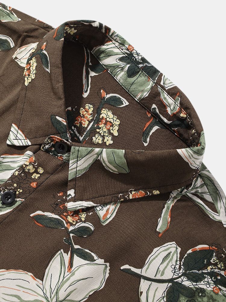 Camisa De Manga Corta Con Solapa Con Estampado De Flores Y Hojas De Plantas Para Hombre