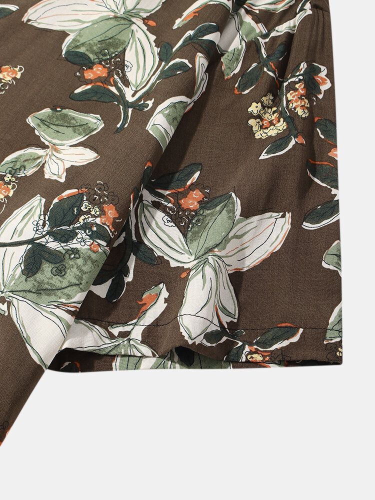 Camisa De Manga Corta Con Solapa Con Estampado De Flores Y Hojas De Plantas Para Hombre