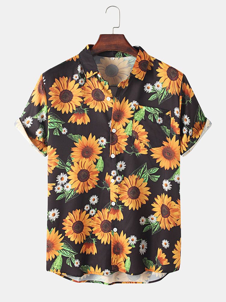 Camisa De Manga Corta Con Solapa Con Estampado De Girasol Y Margaritas Blancas Para Hombre