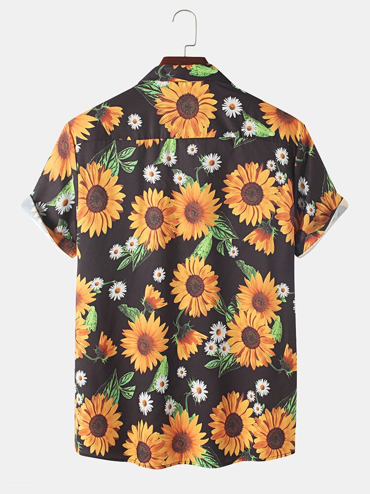 Camisa De Manga Corta Con Solapa Con Estampado De Girasol Y Margaritas Blancas Para Hombre