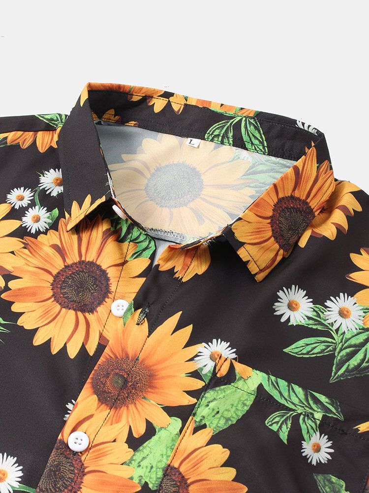 Camisa De Manga Corta Con Solapa Con Estampado De Girasol Y Margaritas Blancas Para Hombre