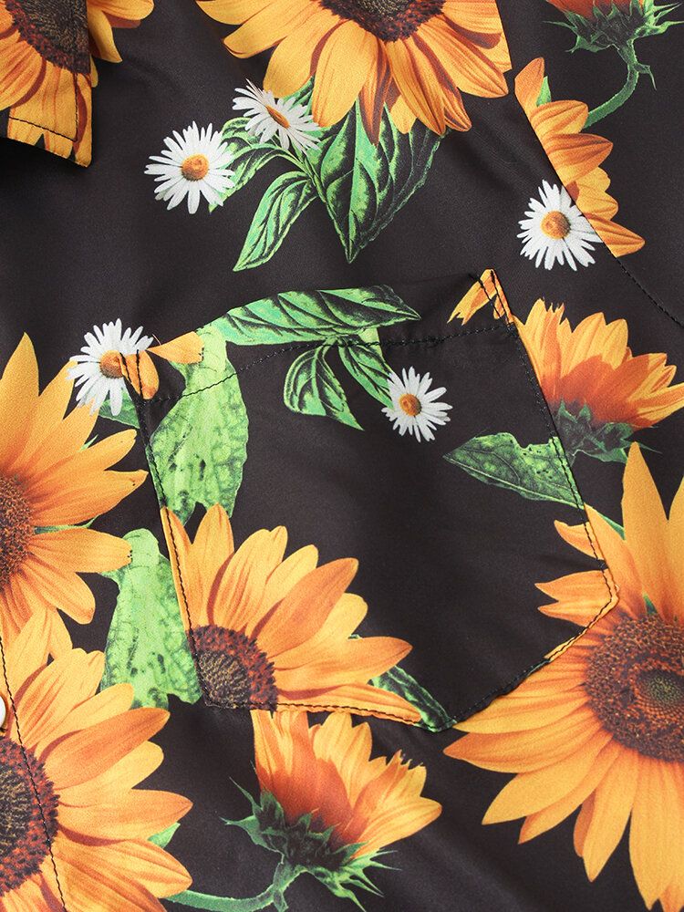 Camisa De Manga Corta Con Solapa Con Estampado De Girasol Y Margaritas Blancas Para Hombre