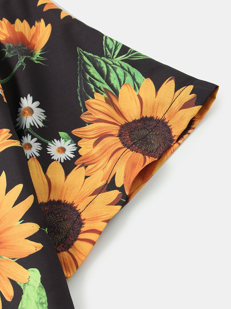 Camisa De Manga Corta Con Solapa Con Estampado De Girasol Y Margaritas Blancas Para Hombre