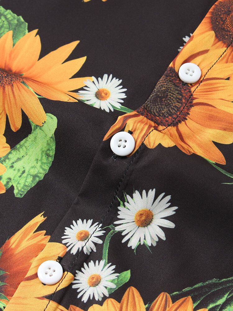 Camisa De Manga Corta Con Solapa Con Estampado De Girasol Y Margaritas Blancas Para Hombre